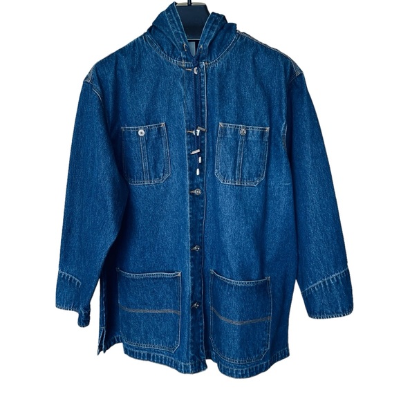 Denim Medium Wash Long Line Hooded Chore Jacket Coat Size 26/28 W - Picture 13 of 16
